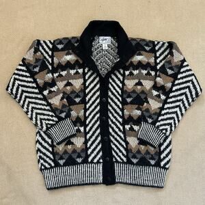 Vintage Hellet Handknit Alpaca Wool Crazy Pattern Cardigan Sweater Large